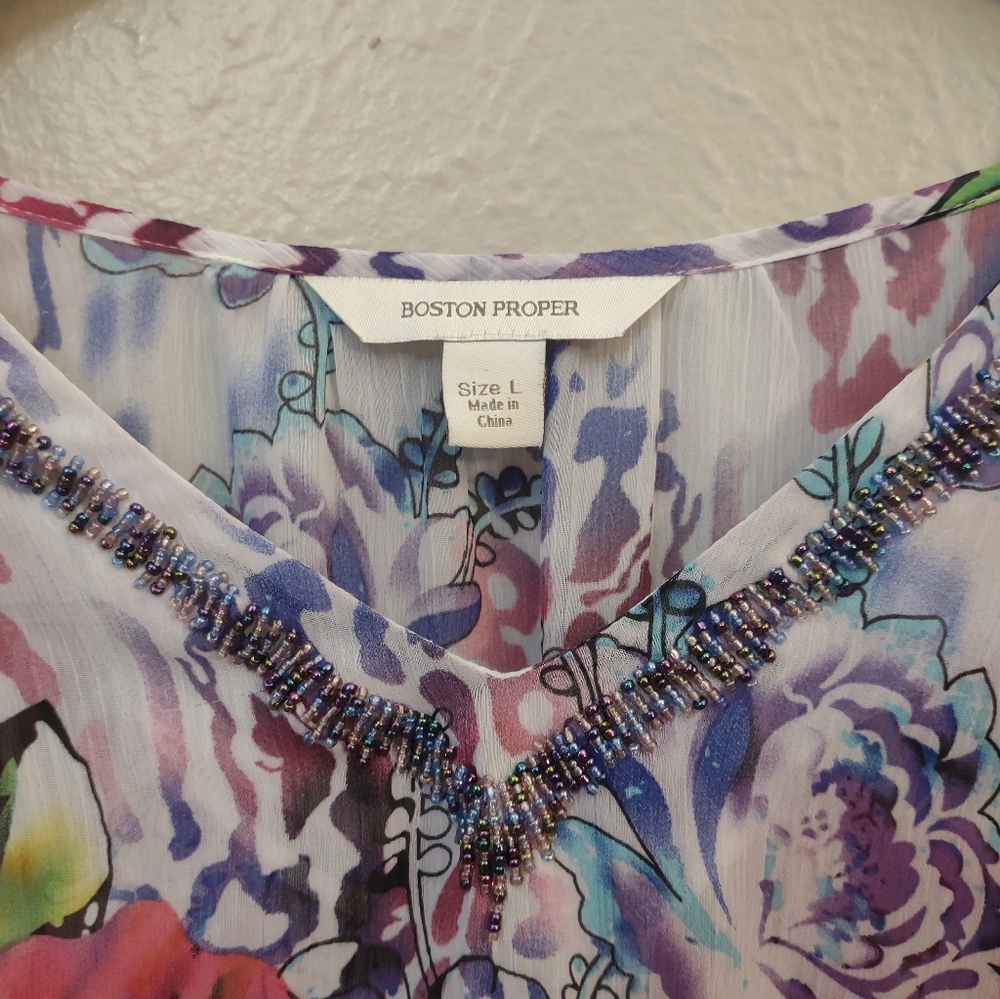 Boston Proper Mixed Print Beaded V-Neck Tunic Top - Size L - Boho Animal Floral - Picture 8 of 14